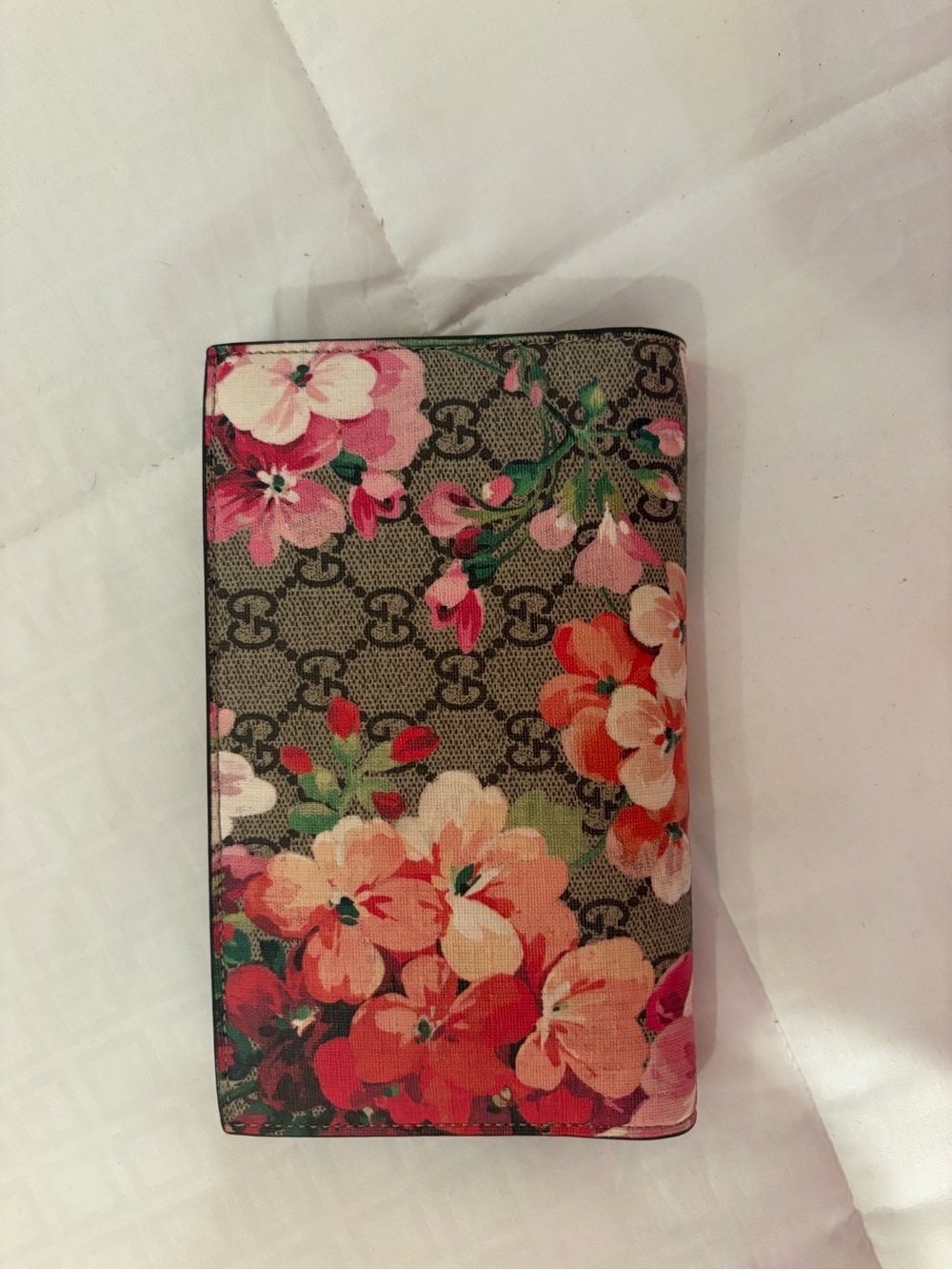 Gucci Floral GG Canvas Mini Wallet on chain in Pink, Coral & Green